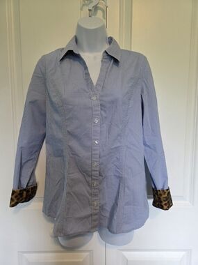 Express Blue and White Striped Button-Down Shirt with Leopard Cuff Detail